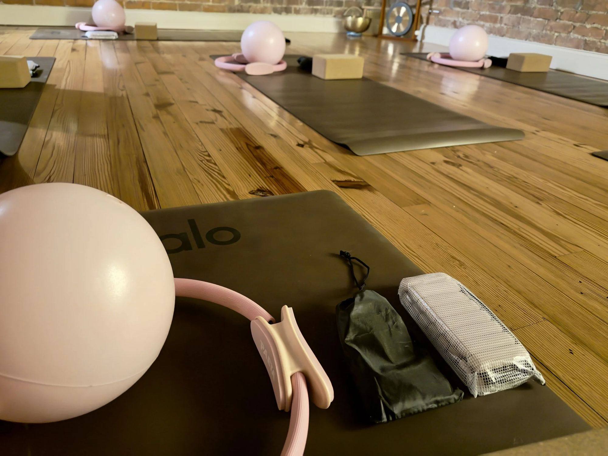 Pilates ring and mats on the studio floor